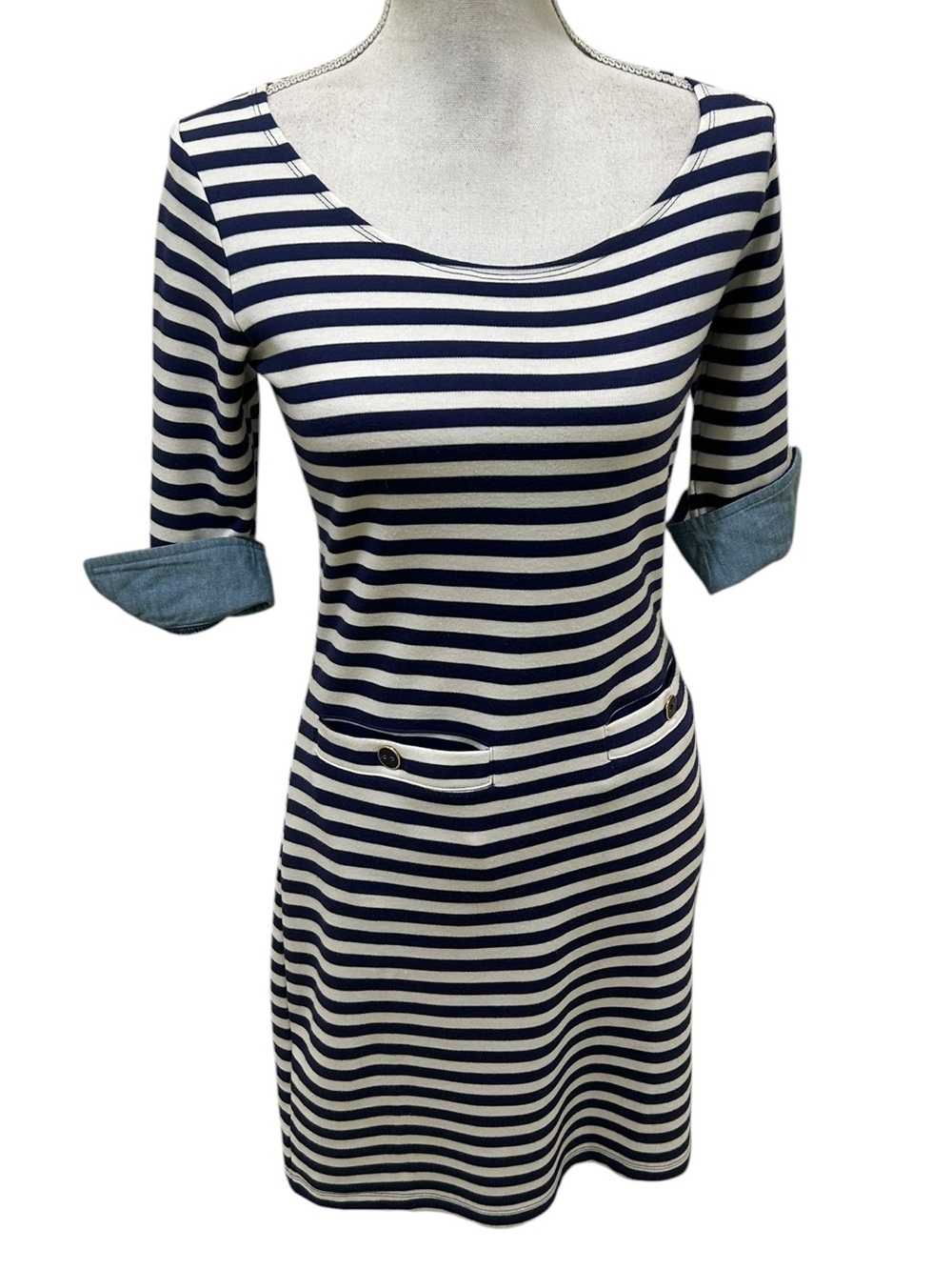 Joules Navy & White Striped above the knee casual dress Chambray Cuffs size 4